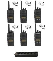 Set van 6 Motorola XT460 IP55 PMR446 met beveiliging oortje M1 2-Pins en multilader 