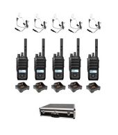 Set van 5 Motorola R5 UHF DMR IP67 LKP 5 Watt met tafellader beveiliging oortje en koffer