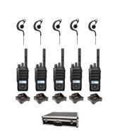 Set van 5 Motorola R5 UHF DMR IP67 LKP 5 Watt met tafellader G-shape oortje en koffer