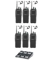 Set van 6 Kenwood TK-3701D IP55 Portofoon met multilader en beveiliging headsets